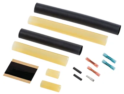 Cold connection heat shrink kit with butt-splice crimps and heat shrink tubing.