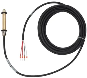 Coiled length of 4 core cable terminated with ferrules at one end and a narrow cylindrical brass sensore on the other.