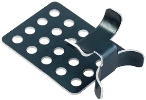 Metal plate with drilled holes and curved clamps for routing cable.
