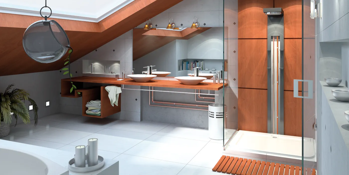 Internal bathroom with cross-section showing pipes where HWAT cable may be installed.
