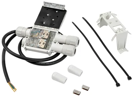 RayClic power connection with cold lead input and two outputs with mounting bracket and included end seals.