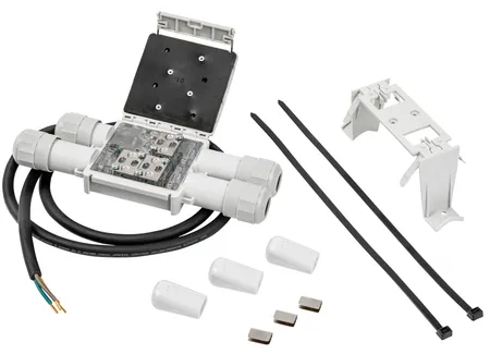 RayClic power connection with cold lead input and two outputs with mounting bracket and included end seals.