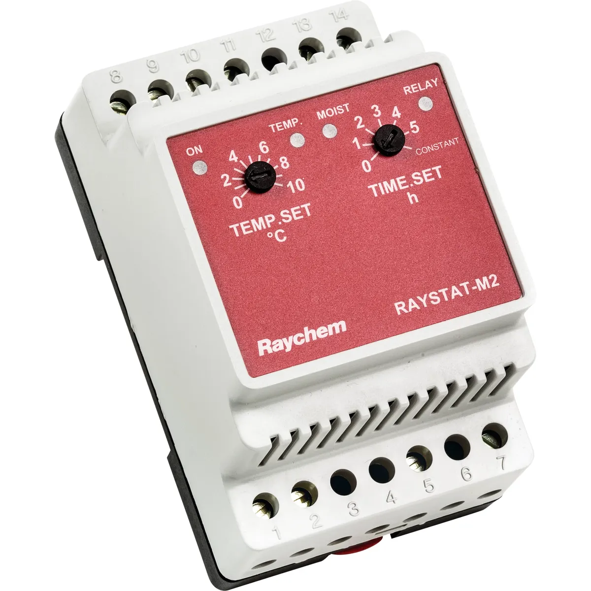 Raystat M2 control unit.  A red and beige box with screw terminals and analogue settings for temperature and time.
