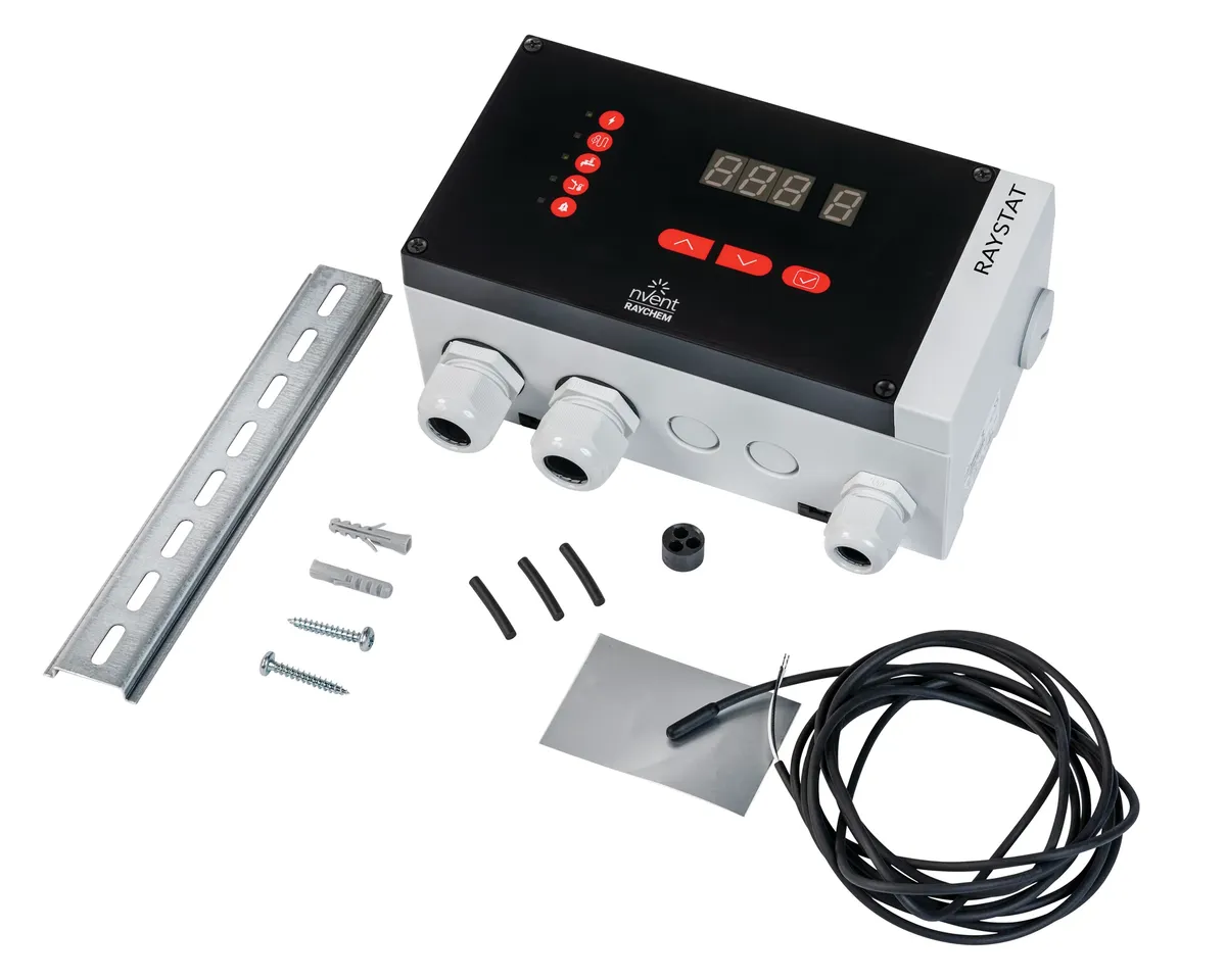 Raystat V5 with mounting rail, sensor and fixings unpacked ready for installation.