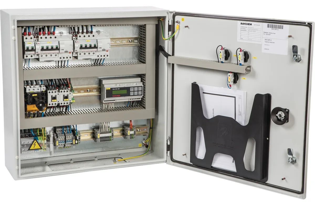 The SBS-xx-CM-20 control panel.  A light grey box with the door open showing the installed controller and electrical components.