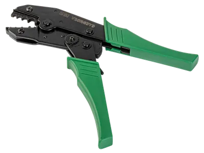 Ratchet style crimping tool with green handles for Raychem crimp terminals in cold connection and end seal kits.