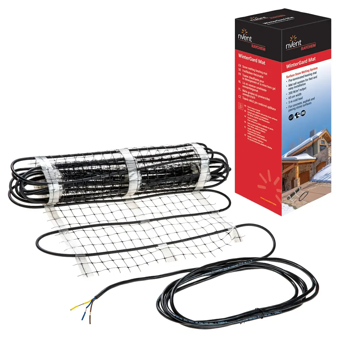 Raychem WINTERGARD-MAT constant wattage cable mat rolled up and attached to a power lead, coloured blue, next to the box packaging it comes in.