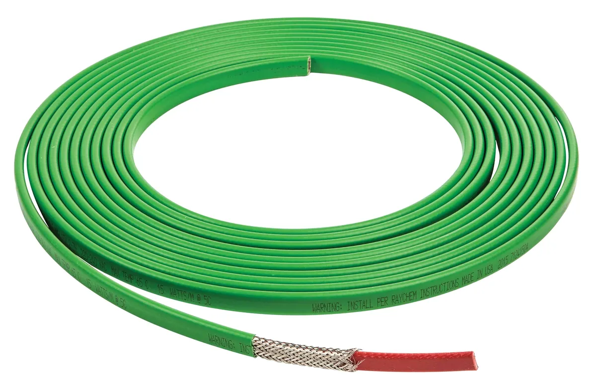 Raychem XL-Trace 15XL2-ZH self-regulating cable coiled, green in colour.